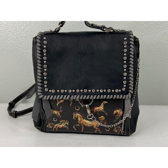 Montana West Backpack Purse Horse Black Leather Concealed Studded - Picture 2 of 8